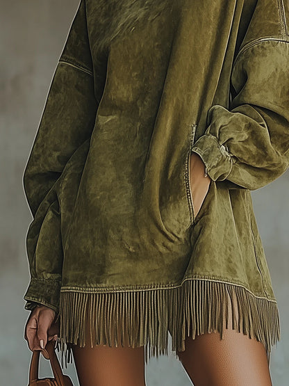 Gabrielle | Robe en suédine à col montant et détails frangés