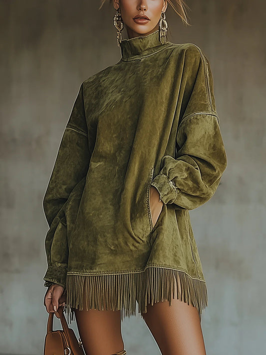 Gabrielle | Robe en suédine à col montant et détails frangés
