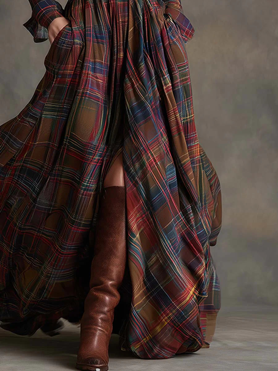 Béatrice | Robe Maxi à Carreaux avec Ceinture