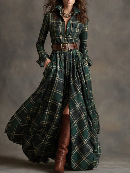 Béatrice | Robe Maxi à Carreaux avec Ceinture