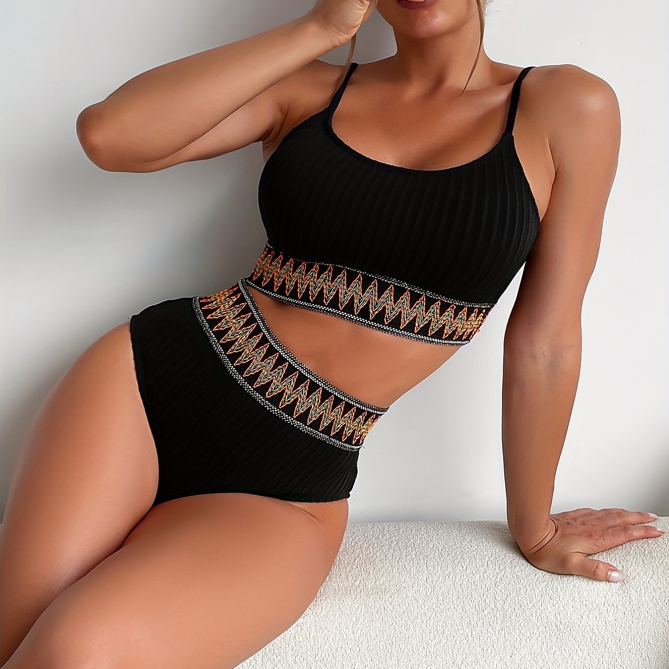 Bikini à Côtes - Haut et Slip Taille Haute