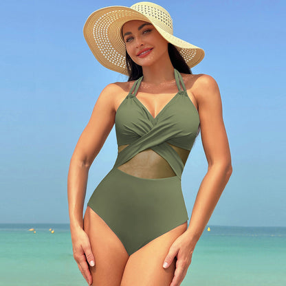 Maillot de Bain Une Pièce Sculptant avec Croisement et Tulle
