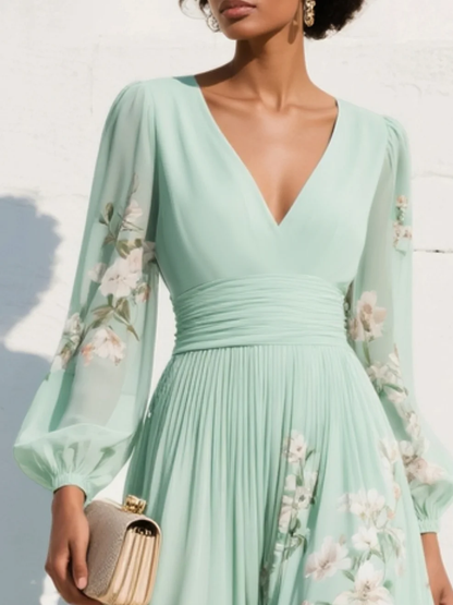 Maëlys – Robe midi plissée fleurie en chiffon col V