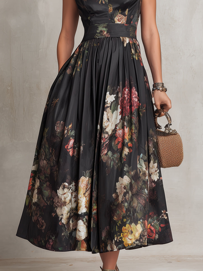 Robe Midi Noire en Satin Col Keyhole Imprimé Floral Plissée