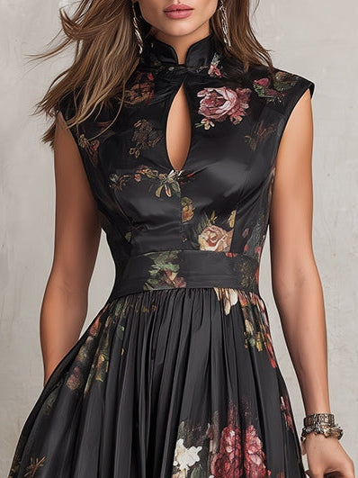 Robe Midi Noire en Satin Col Keyhole Imprimé Floral Plissée