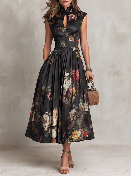 Robe Midi Noire en Satin Col Keyhole Imprimé Floral Plissée