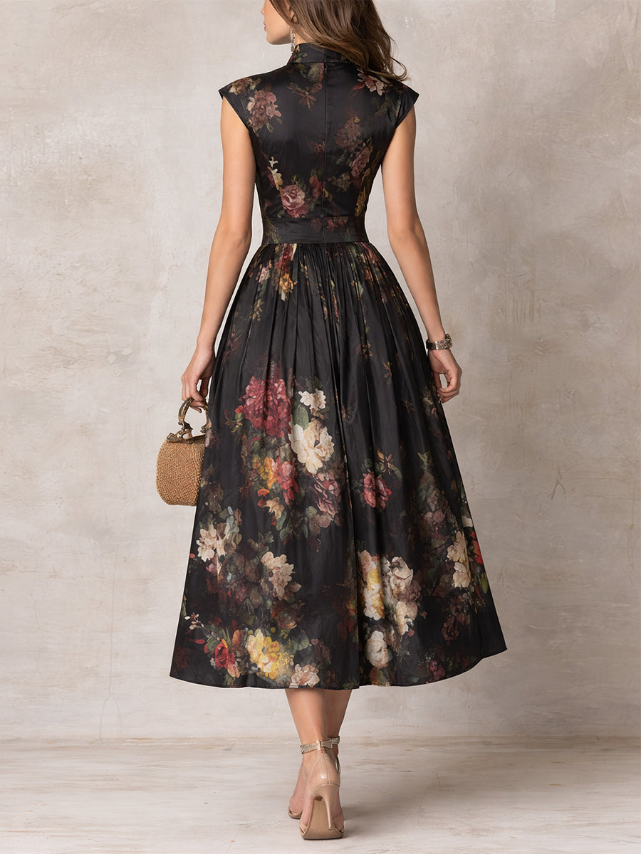Robe Midi Noire en Satin Col Keyhole Imprimé Floral Plissée