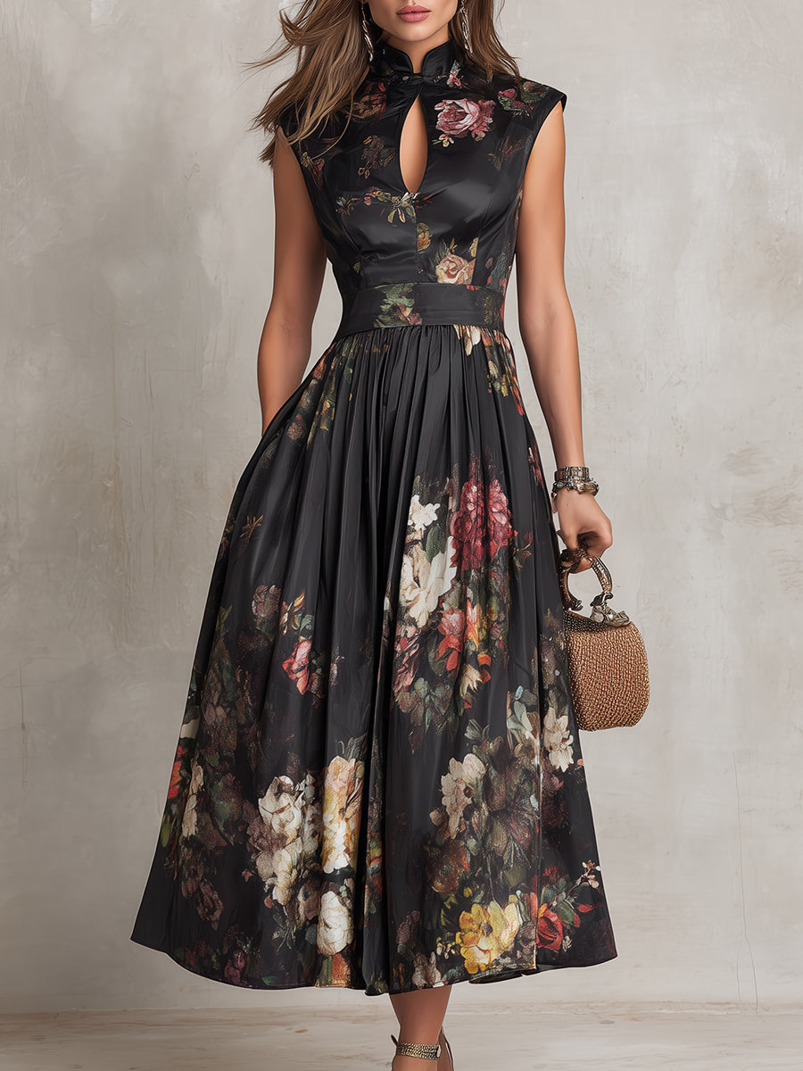 Robe Midi Noire en Satin Col Keyhole Imprimé Floral Plissée
