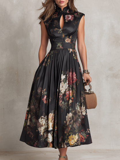 Robe Midi Noire en Satin Col Keyhole Imprimé Floral Plissée