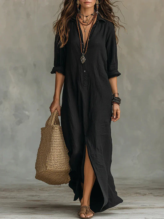 Céline™ | Robe Maxi Noire Ample à Boutons