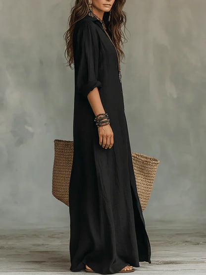 Céline™ | Robe Maxi Noire Ample à Boutons