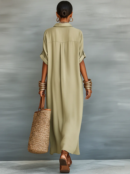 Manelle | Robe Longue Vert Olive Aux Lignes Minimalistes