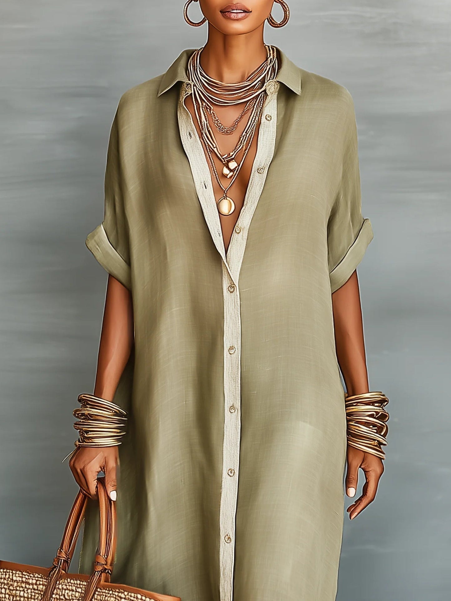Manelle | Robe Longue Vert Olive Aux Lignes Minimalistes
