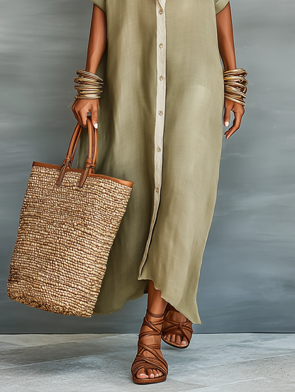Manelle | Robe Longue Vert Olive Aux Lignes Minimalistes
