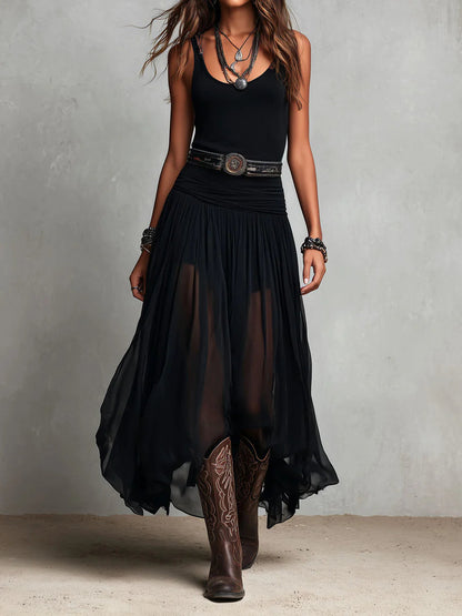 Robe Maxi Noire Top Brassière Sans Manches et Jupe en Tulle (avec ceinture)