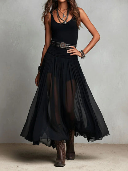 Robe Maxi Noire Top Brassière Sans Manches et Jupe en Tulle (avec ceinture)