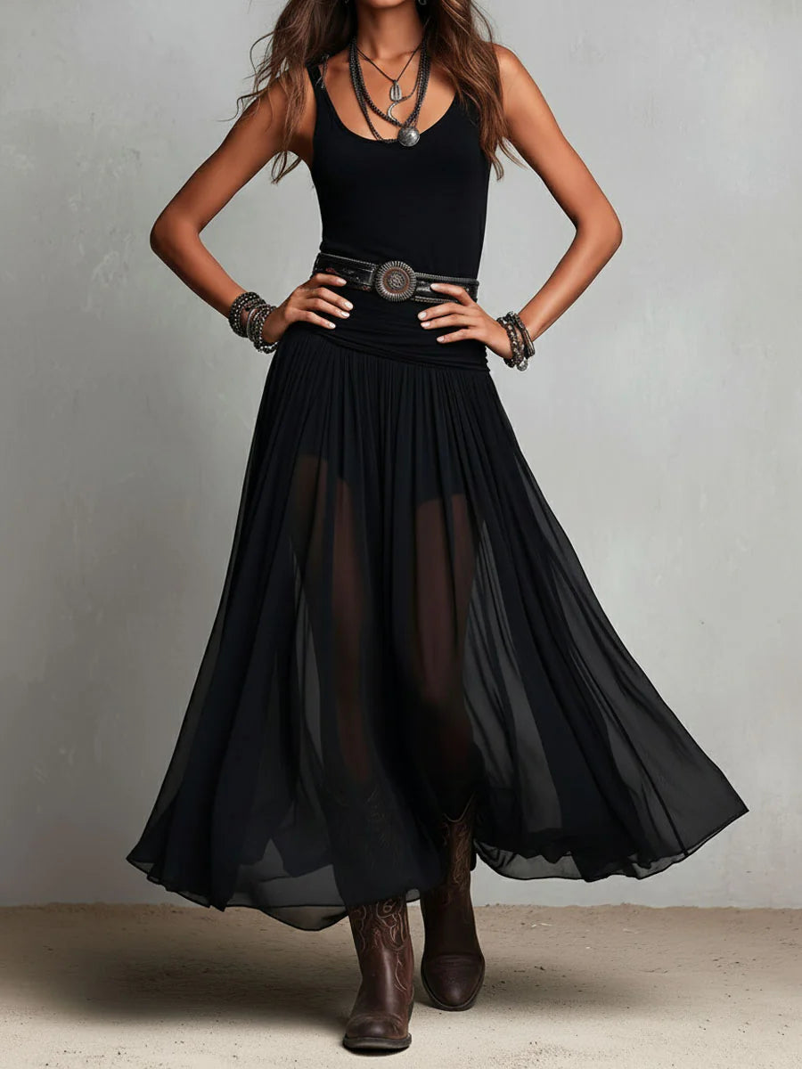 Robe Maxi Noire Top Brassière Sans Manches et Jupe en Tulle (avec ceinture)