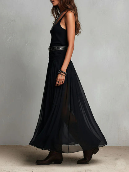 Robe Maxi Noire Top Brassière Sans Manches et Jupe en Tulle (avec ceinture)