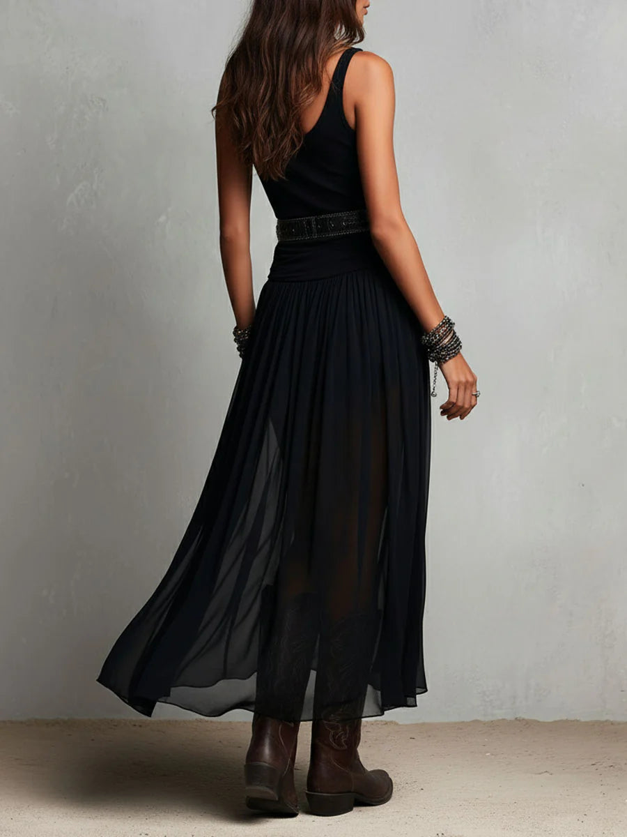 Robe Maxi Noire Top Brassière Sans Manches et Jupe en Tulle (avec ceinture)