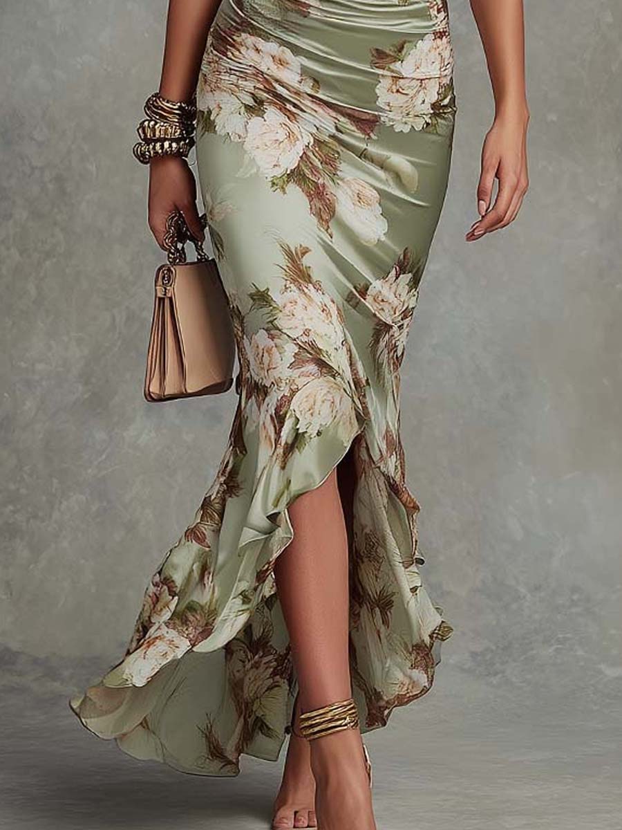 Robe Maxi Verte Florale Manches Cloche Col V en Satin Asymétrique
