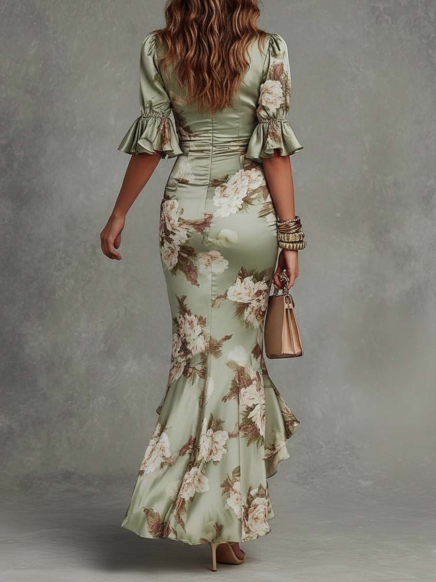 Robe Maxi Verte Florale Manches Cloche Col V en Satin Asymétrique