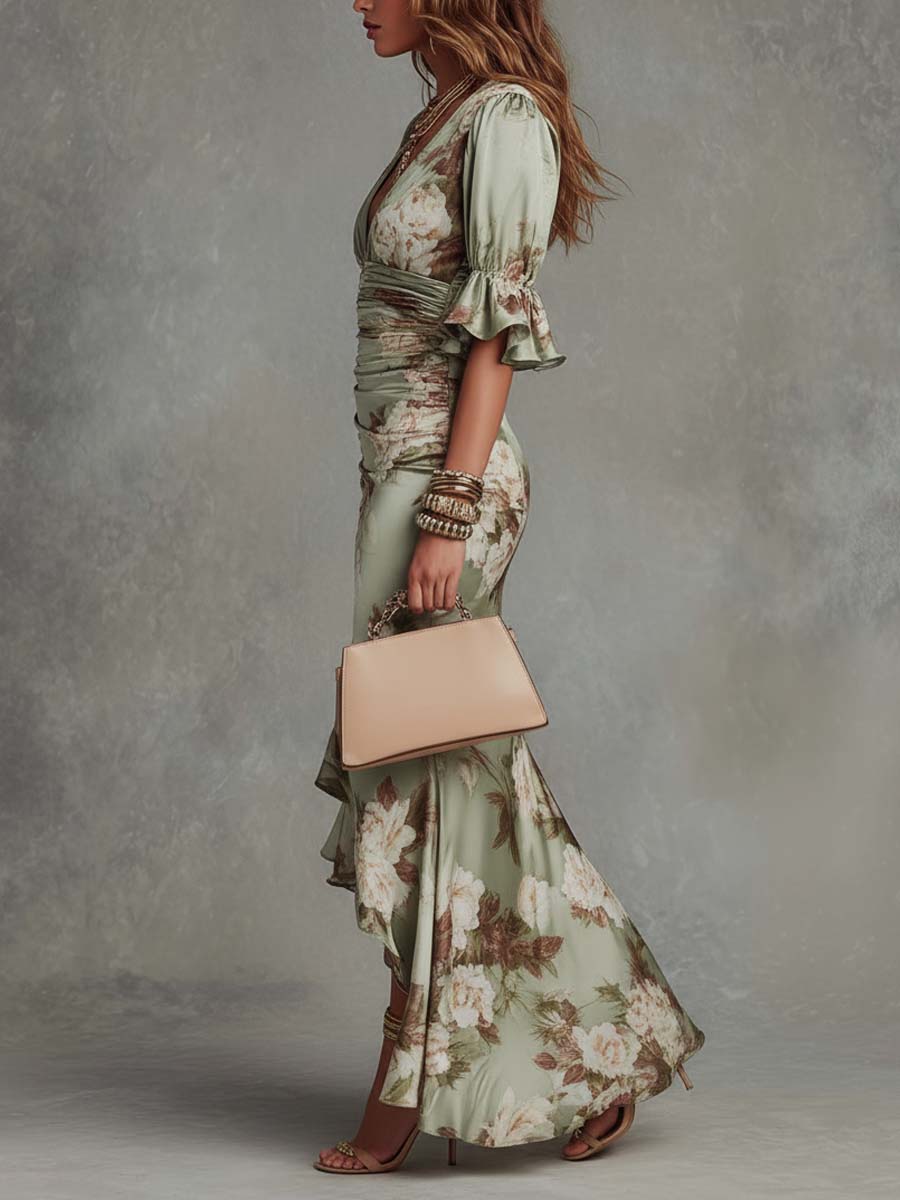 Robe Maxi Verte Florale Manches Cloche Col V en Satin Asymétrique