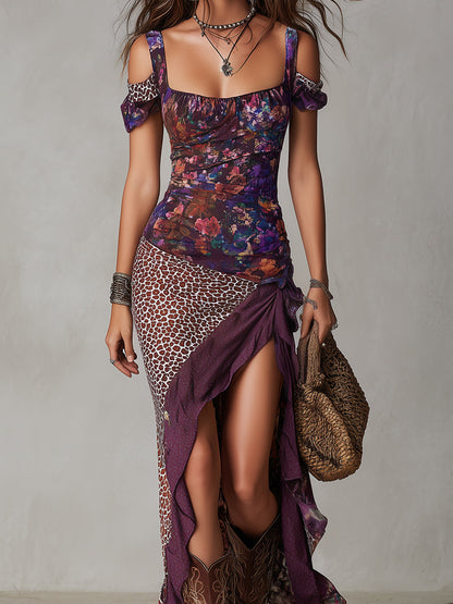 Robe Maxi Violette Imprimé Léopard et Floral Fente Haute Urban Nomad