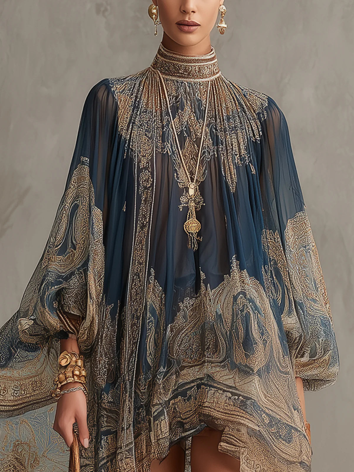 Mini Robe Bleu Marine en Mousseline Imprimé Baroque Col Haut Irrégulière