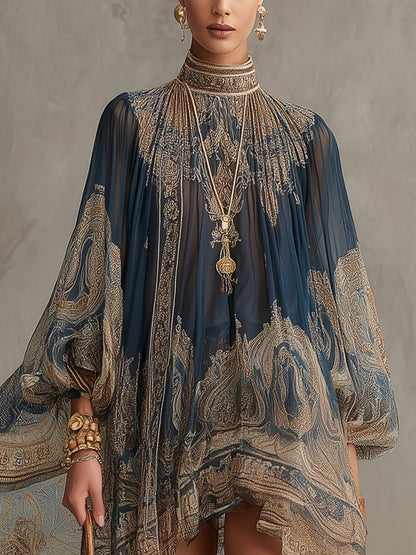 Mini Robe Bleu Marine en Mousseline Imprimé Baroque Col Haut Irrégulière