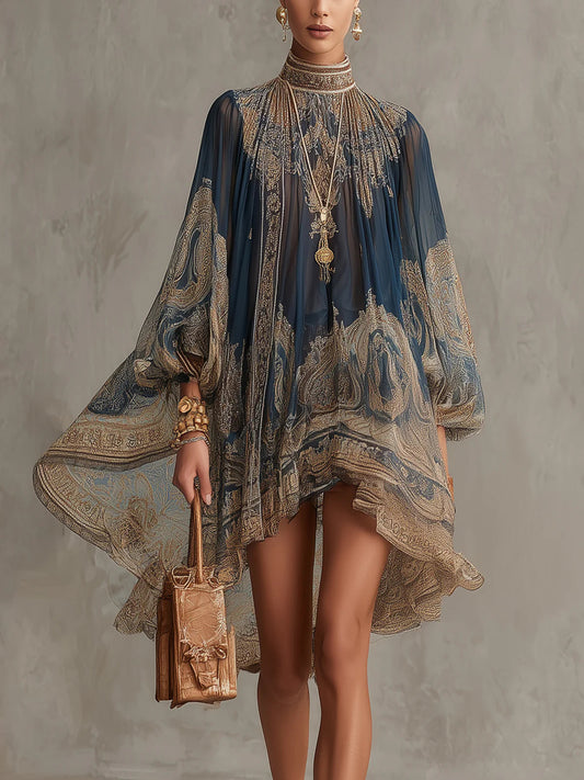 Mini Robe Bleu Marine en Mousseline Imprimé Baroque Col Haut Irrégulière