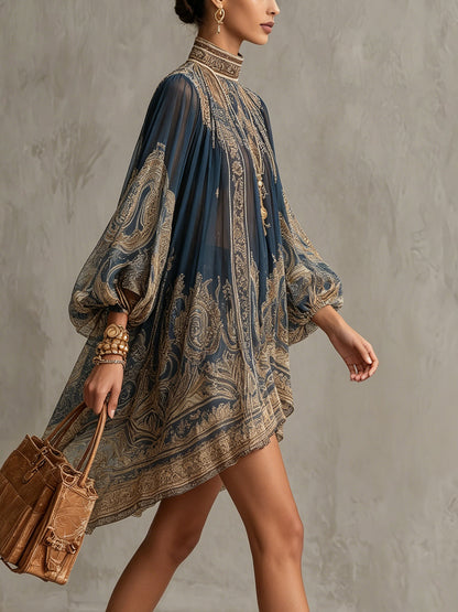 Mini Robe Bleu Marine en Mousseline Imprimé Baroque Col Haut Irrégulière