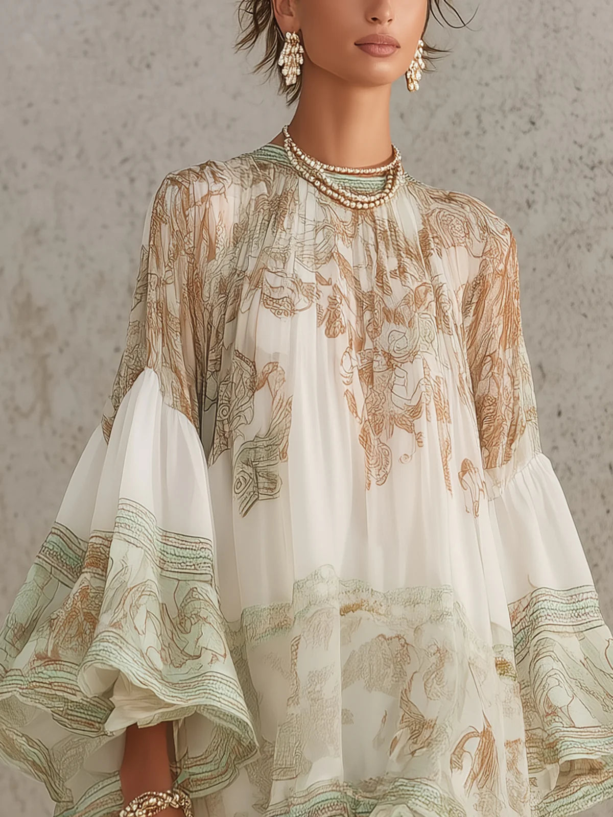 Mini Robe en Mousseline Verte Imprimée Manches Volantées et Ourlet À Volants