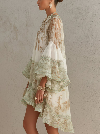 Mini Robe en Mousseline Verte Imprimée Manches Volantées et Ourlet À Volants