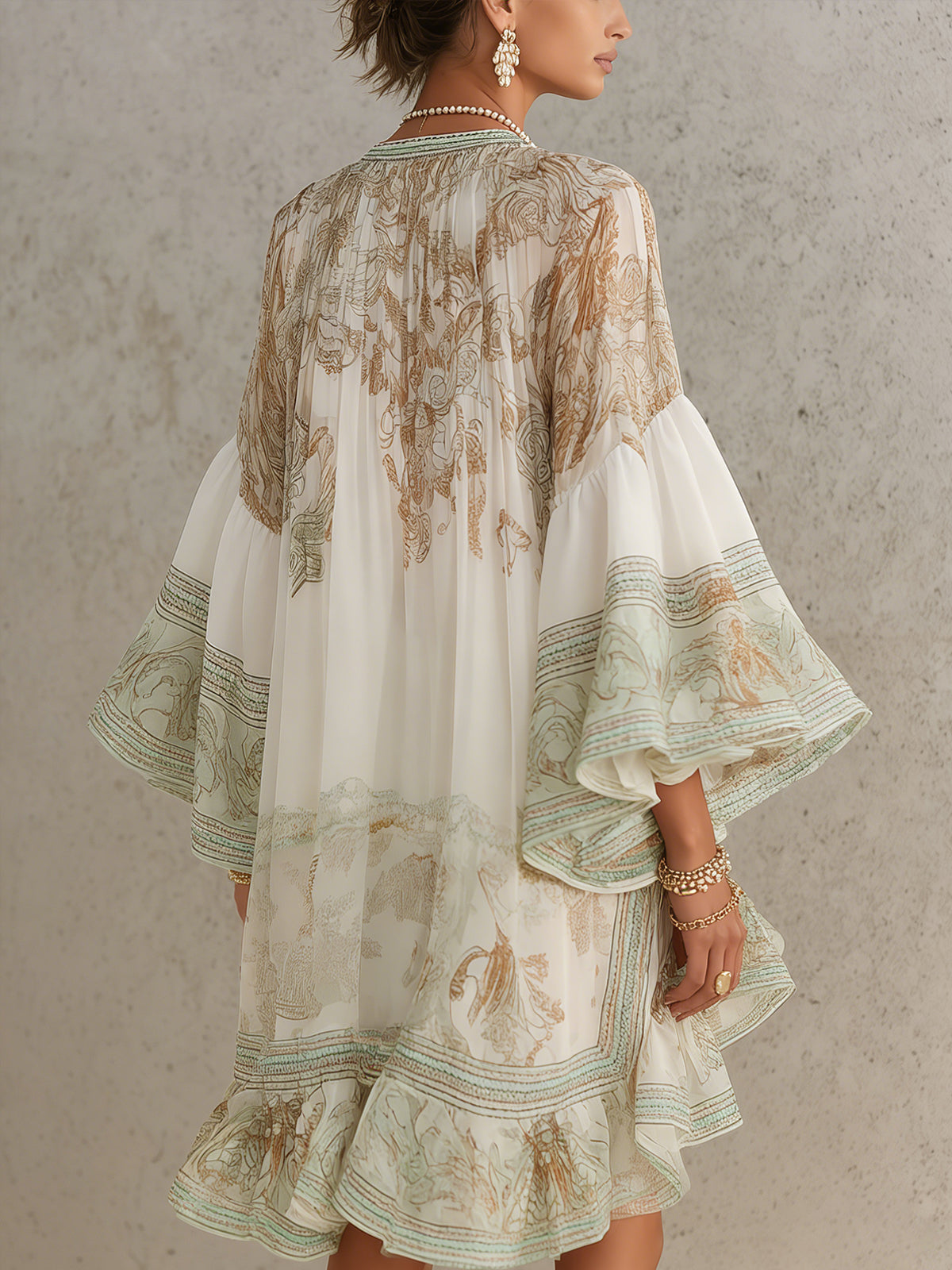 Mini Robe en Mousseline Verte Imprimée Manches Volantées et Ourlet À Volants