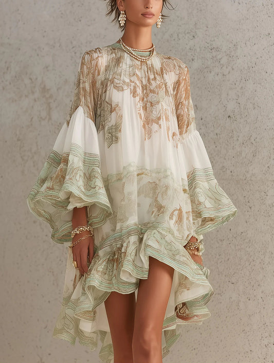 Mini Robe en Mousseline Verte Imprimée Manches Volantées et Ourlet À Volants