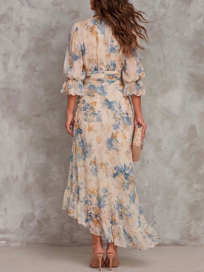 Robe Maxi Beige Col Roulé Imprimé Floral Peinture à l'Huile Irrégulière