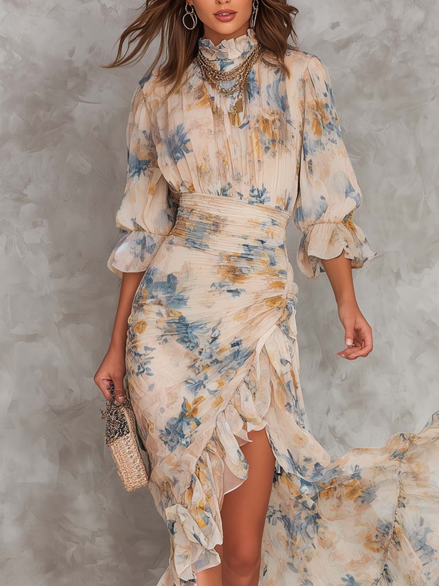 Robe Maxi Beige Col Roulé Imprimé Floral Peinture à l'Huile Irrégulière