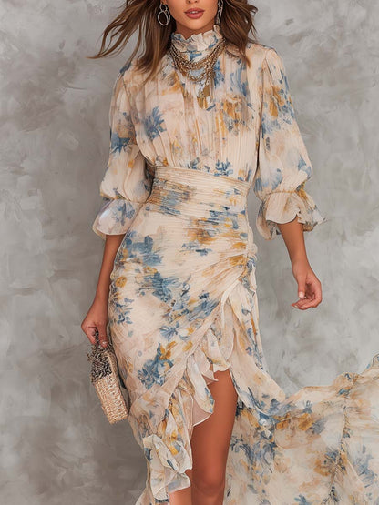 Robe Maxi Beige Col Roulé Imprimé Floral Peinture à l'Huile Irrégulière