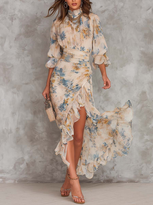Robe Maxi Beige Col Roulé Imprimé Floral Peinture à l'Huile Irrégulière