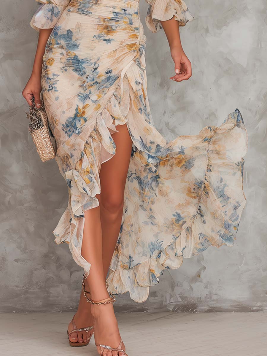 Robe Maxi Beige Col Roulé Imprimé Floral Peinture à l'Huile Irrégulière