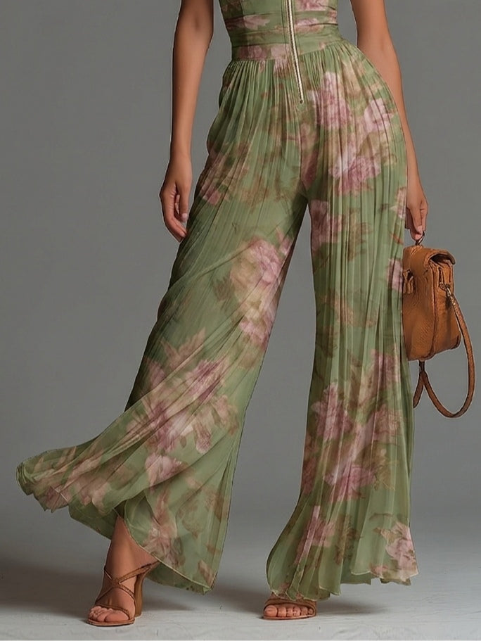 Combinaison Verte Florale en Mousseline Col V Sans Manches Jambes Larges Plissée