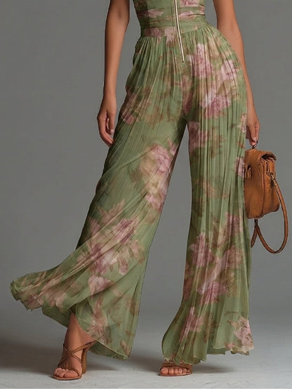 Combinaison Verte Florale en Mousseline Col V Sans Manches Jambes Larges Plissée