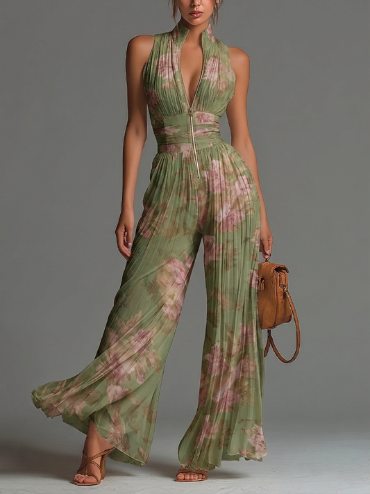 Combinaison Verte Florale en Mousseline Col V Sans Manches Jambes Larges Plissée