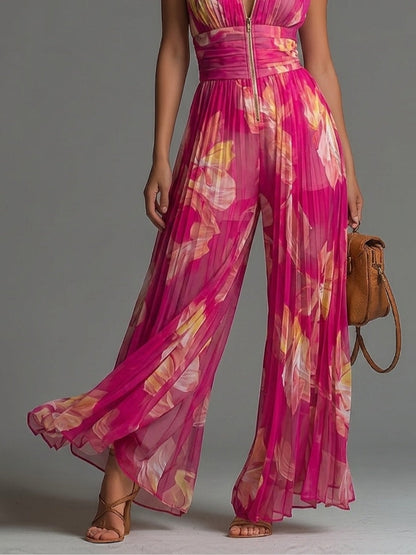 Combinaison Fuchsia Florale en Mousseline Sans Manches Jambes Larges Plissée