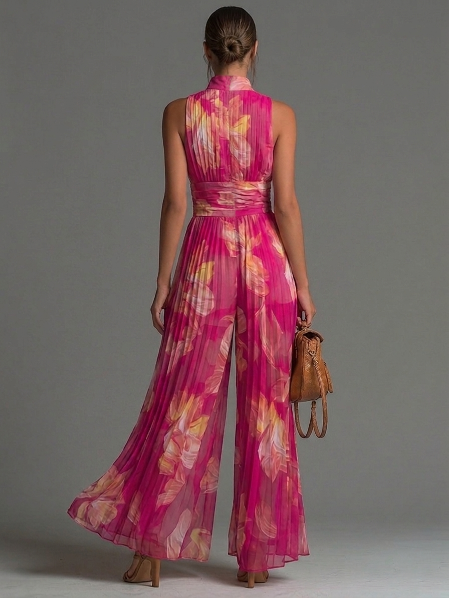Combinaison Fuchsia Florale en Mousseline Sans Manches Jambes Larges Plissée