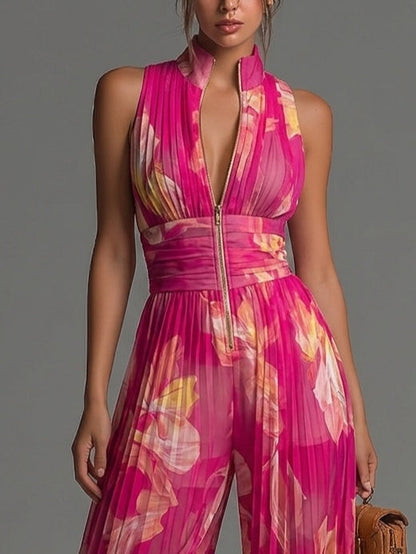 Combinaison Fuchsia Florale en Mousseline Sans Manches Jambes Larges Plissée