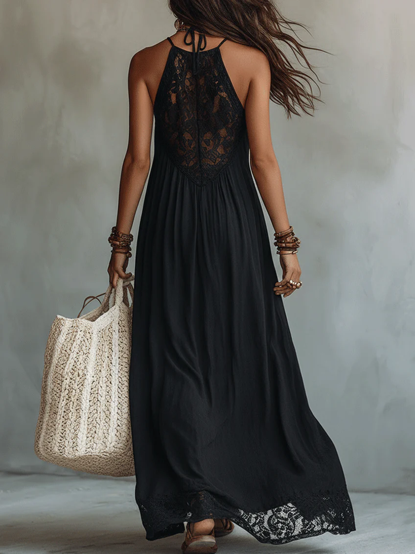 Robe Maxi Noire Boho Sans Manches Bordée de Dentelle
