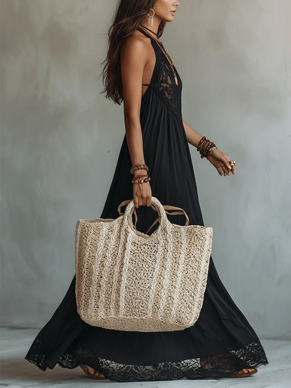 Robe Maxi Noire Boho Sans Manches Bordée de Dentelle