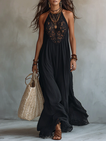 Robe Maxi Noire Boho Sans Manches Bordée de Dentelle