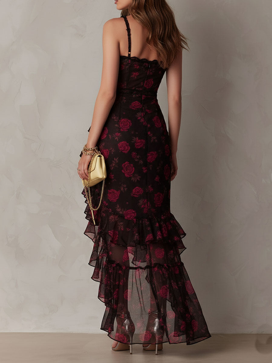 Robe Chic Noire et Rouge Florale Fronces et Ourlet À Volants